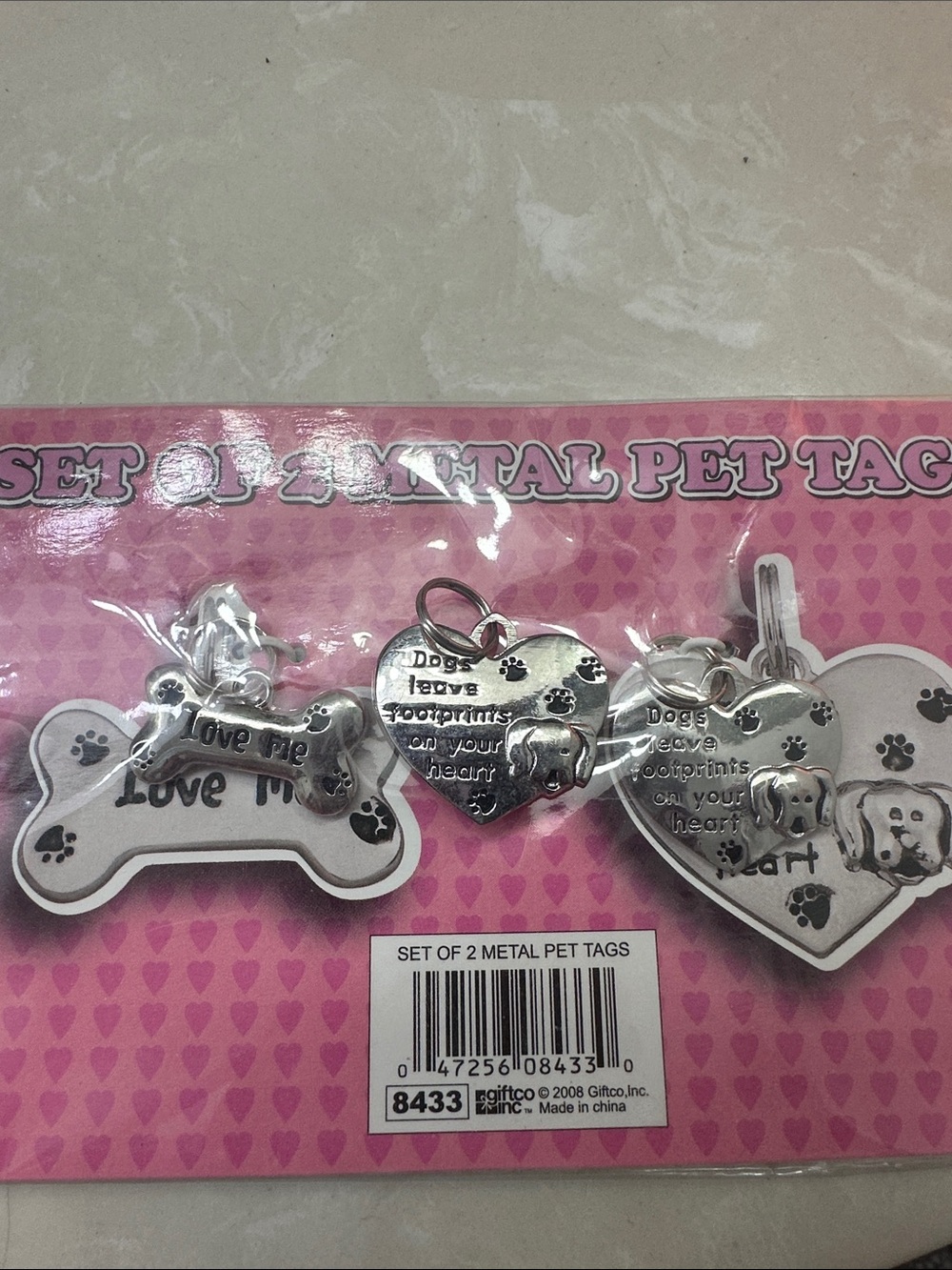 Set of 2 Silver Metal Pet Tags with Pink Cardback